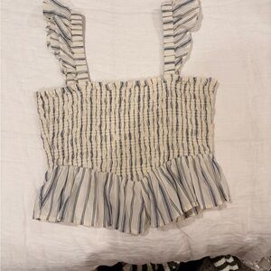 American Eagle Outfitters Blue & Cream Smocked Ruffle Crop Top